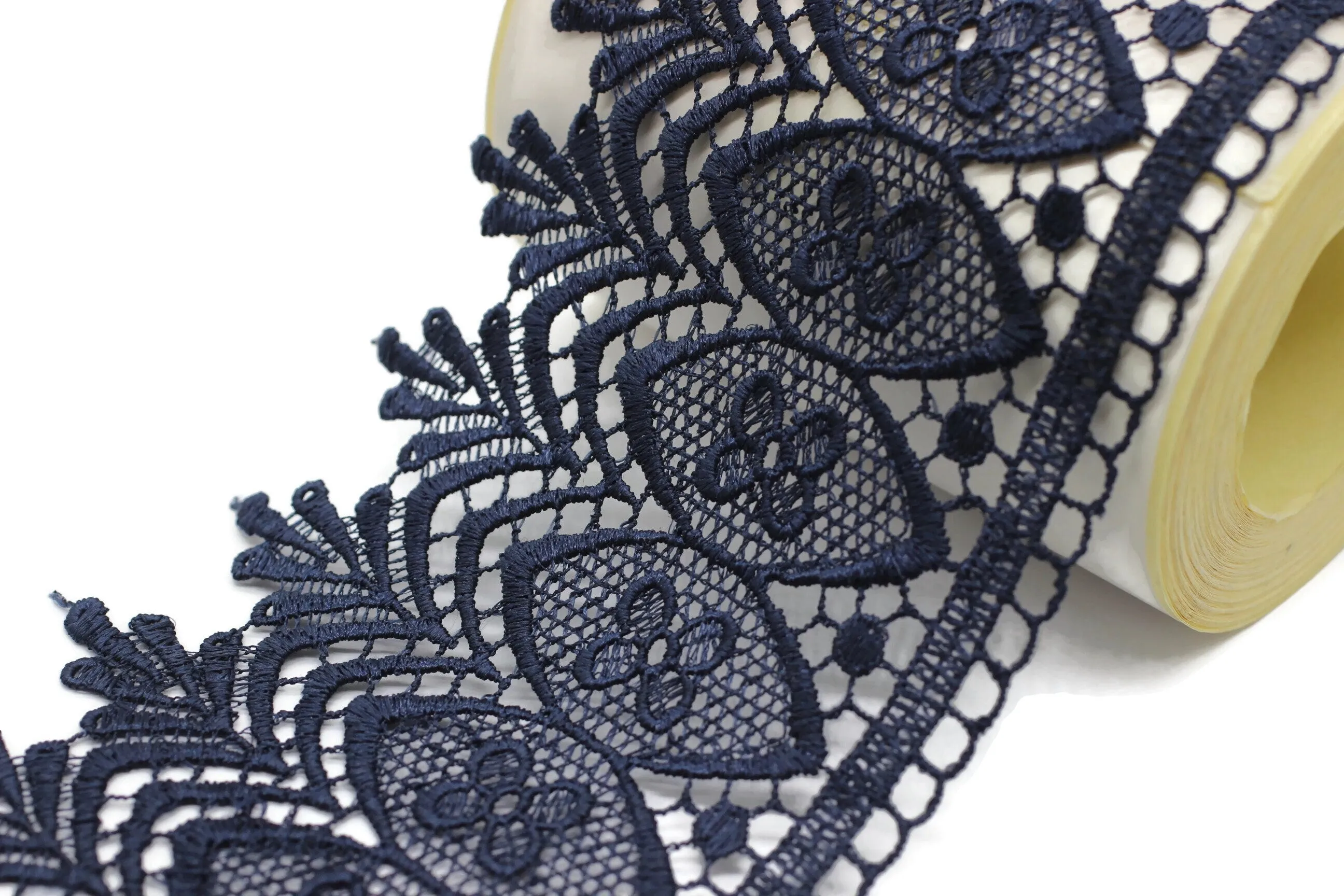 100mm 8 Mt. Dark Blue Bridal Guipure Lace Trim | 3.93 Inches Wide Lace Trim | Geometric Bridal Lace | French Guipure | Lace Fabric TRM100