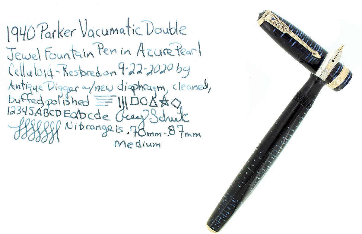 1940 PARKER VACUMATIC AZURE PEARL DOUBLE JEWEL FOUNTAIN PEN MAJOR SIZE RESTORED