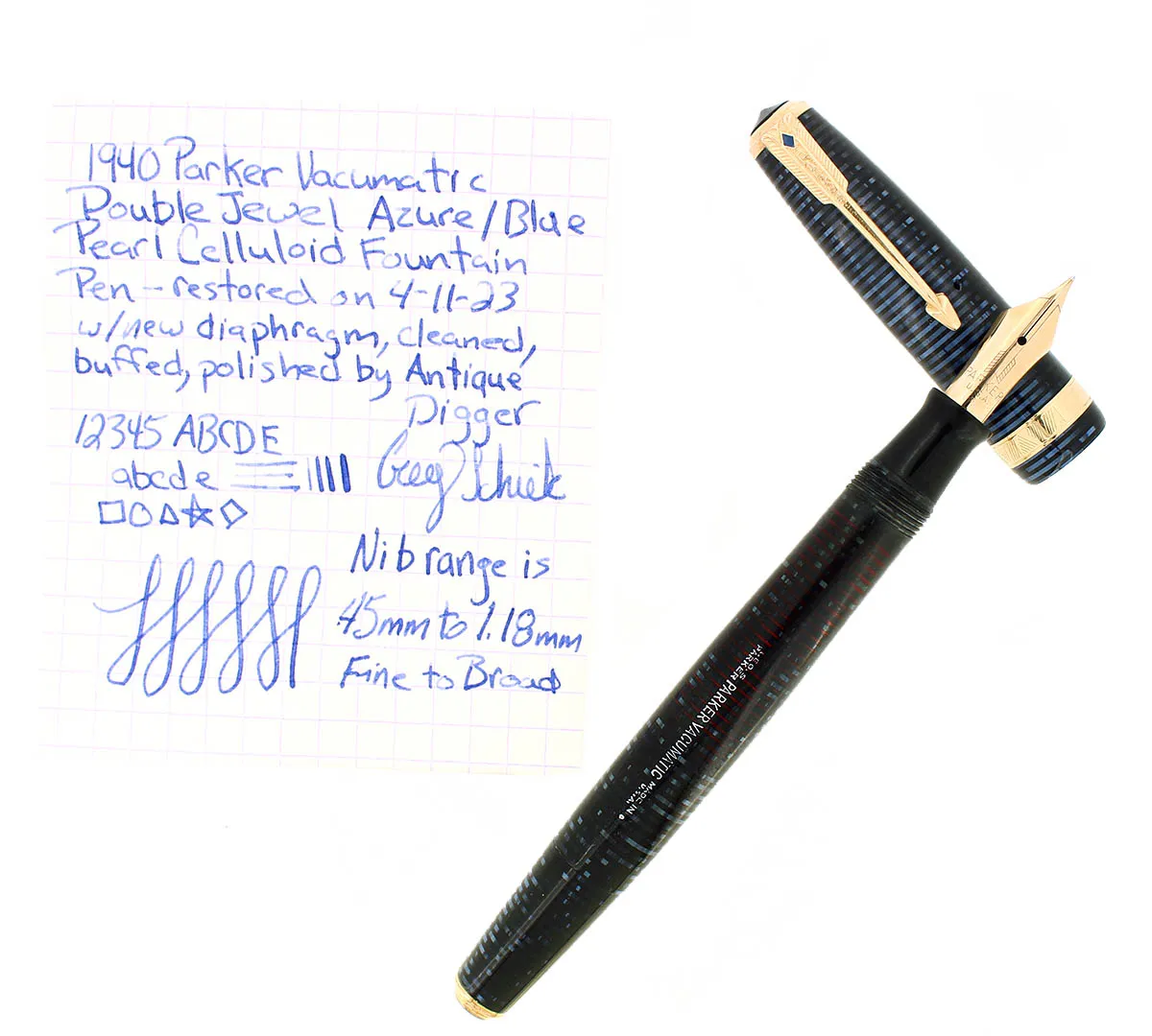 1940 PARKER VACUMATIC AZURE PEARL DOUBLE JEWEL MAJOR FOUNTAIN PEN RESTORED