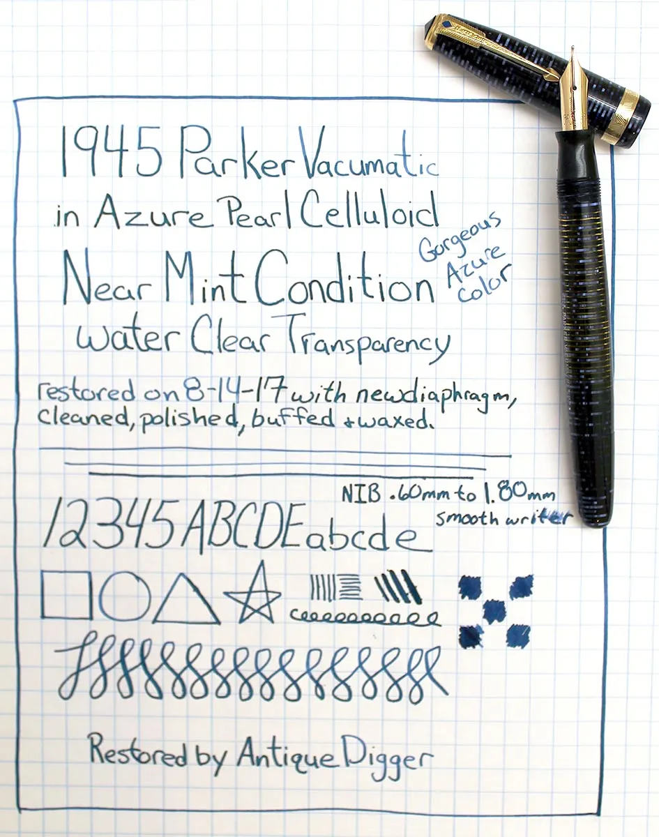 1945 PARKER AZURE PEARL VACUMATIC MAJOR FOUNTAIN PEN M to BBB FLEX NIB RESTORED