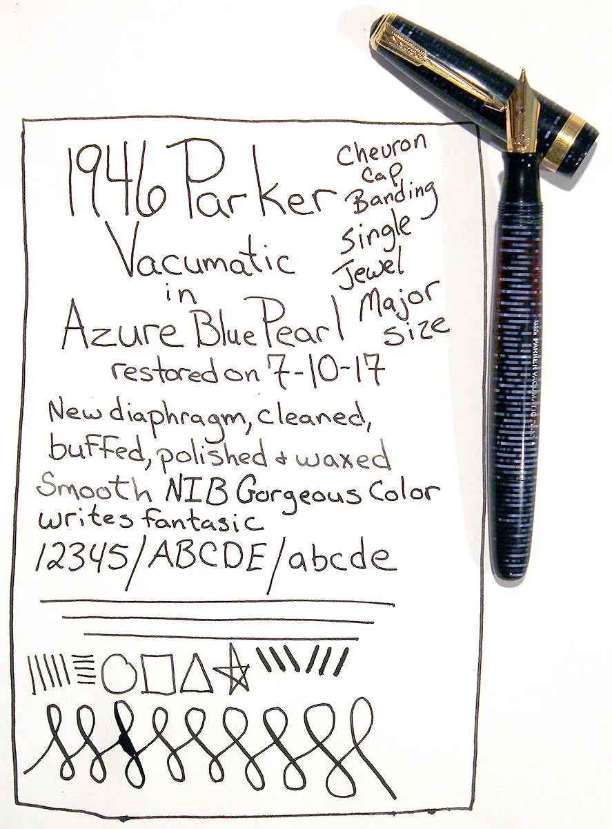 1946 PARKER AZURE PEARL VACUMATIC MAJOR FOUNTAIN PEN F to B FLEX NIB RESTORED