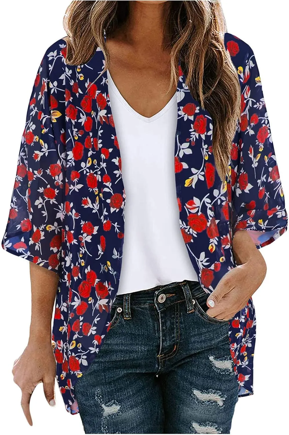 2025 Floral Printed Cardigans Women's Puff Sleeve Kimono Casual Loose Cover Up Boho Blouse Tops Summer Boho Clothes