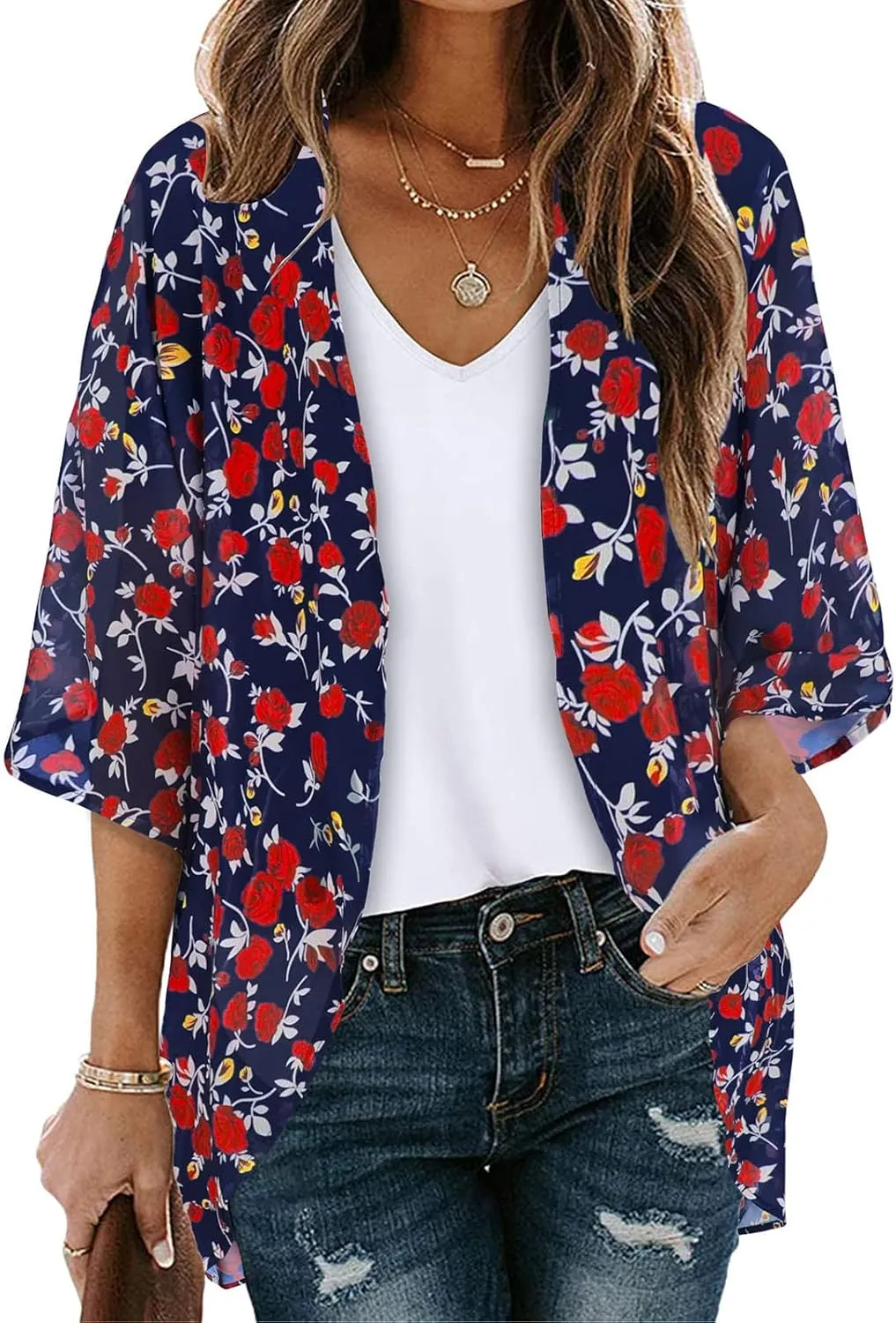 2025 Floral Printed Cardigans Women's Puff Sleeve Kimono Casual Loose Cover Up Boho Blouse Tops Summer Boho Clothes