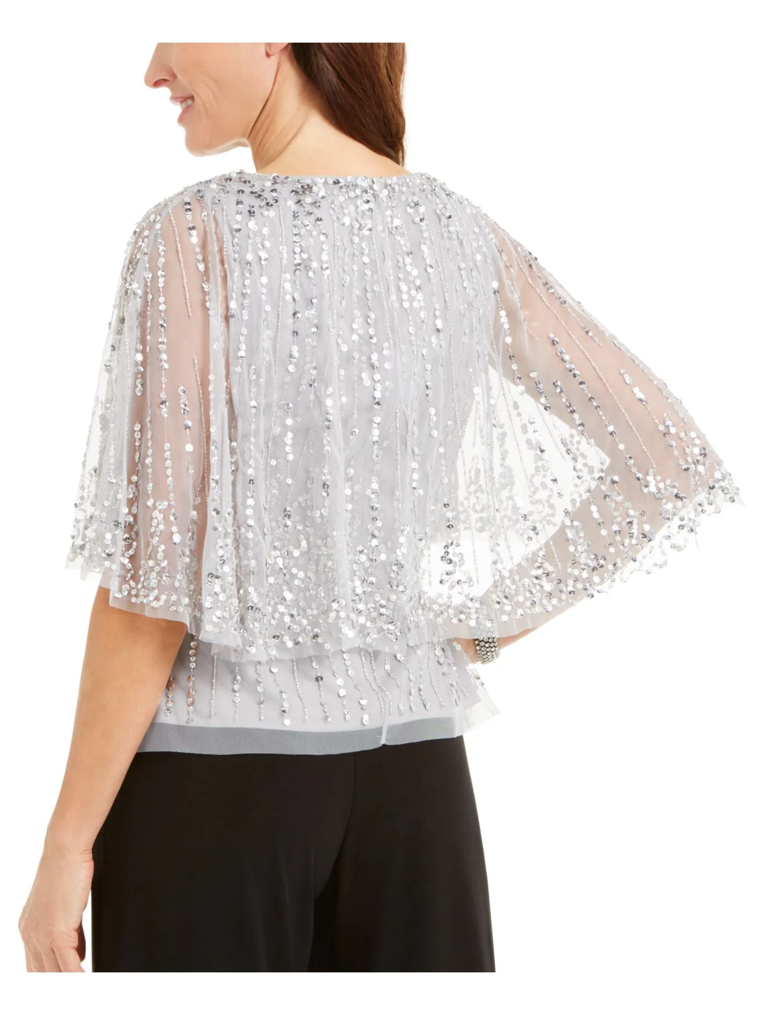 ADRIANNA PAPELL Womens Gray Sequined Sleeveless V Neck Evening Top