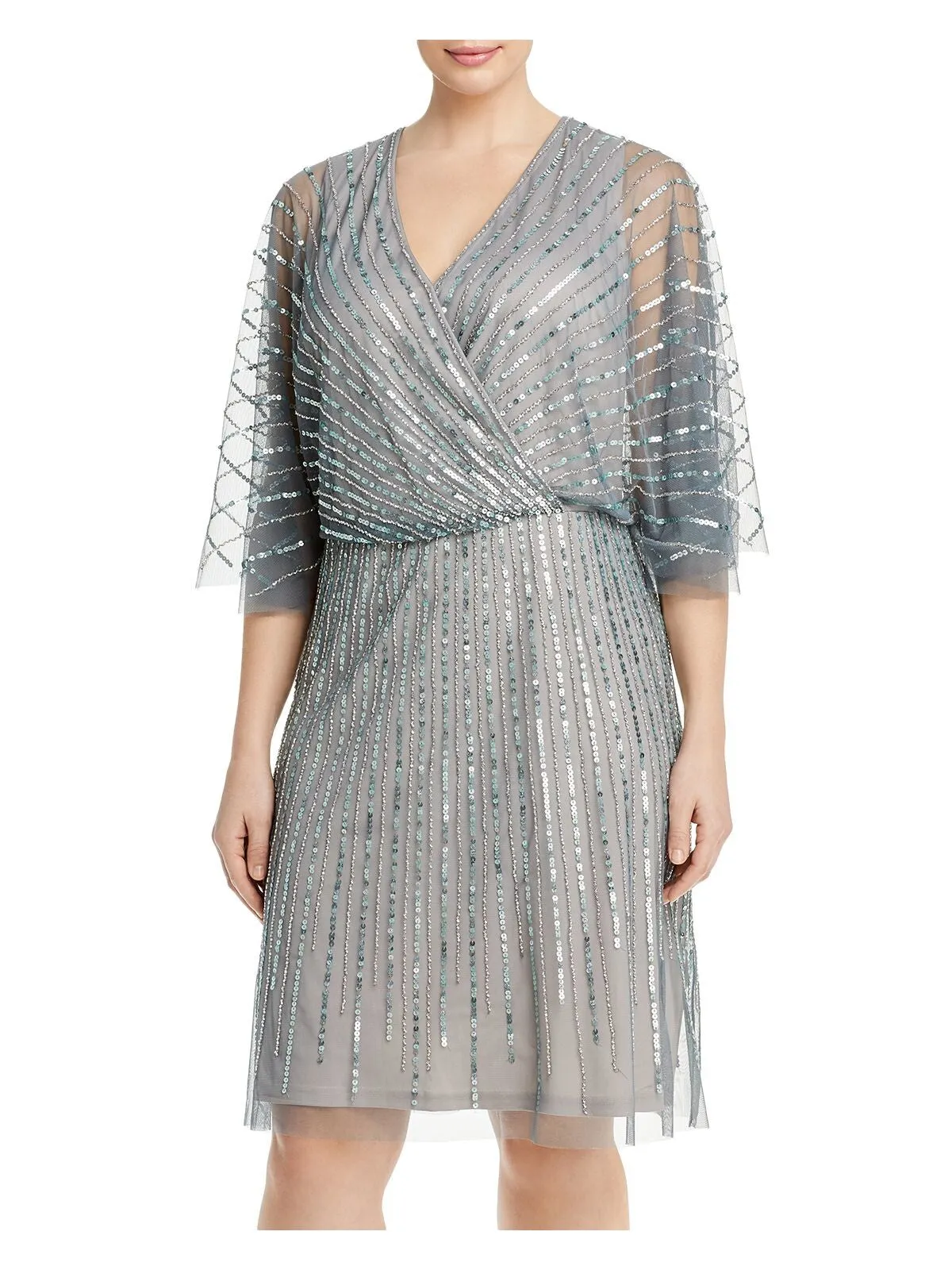 ADRIANNA PAPELL Womens Gray Sequined Zippered Lined Flutter Sleeve V Neck Above The Knee Party Sheath Dress
