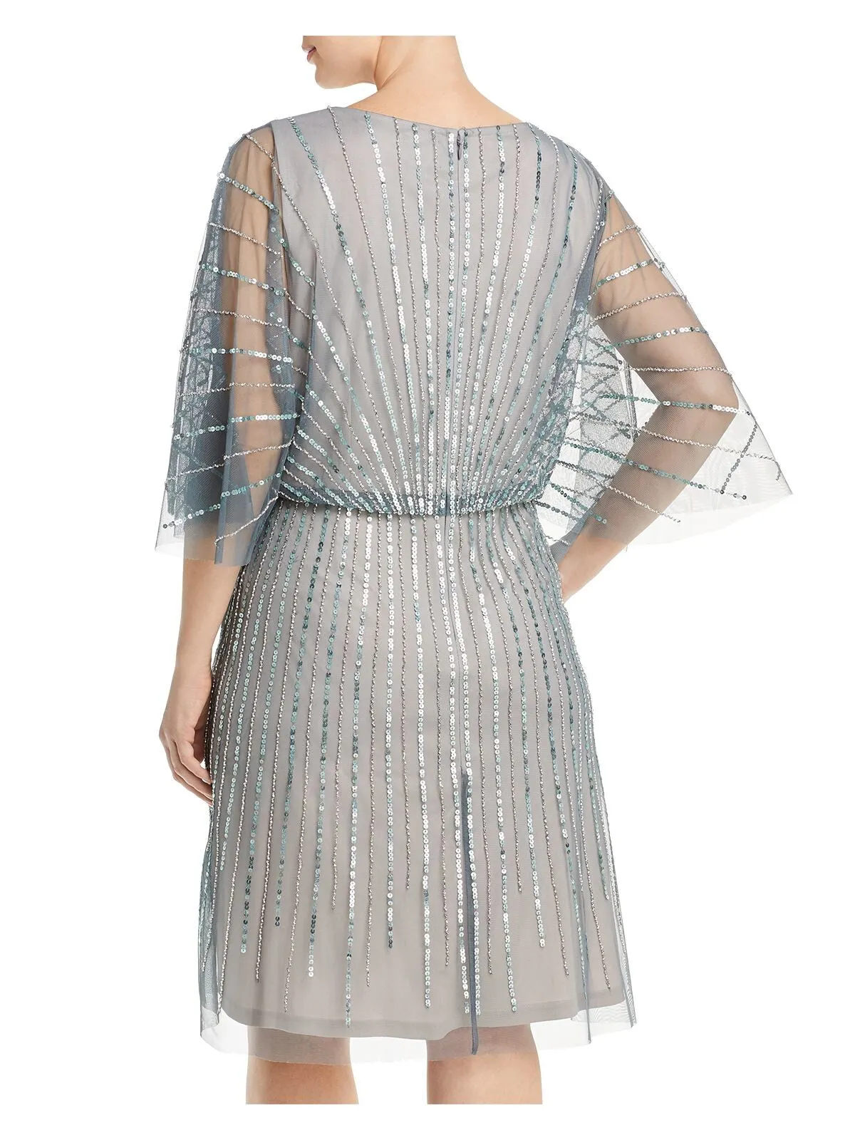 ADRIANNA PAPELL Womens Gray Sequined Zippered Lined Flutter Sleeve V Neck Above The Knee Party Sheath Dress