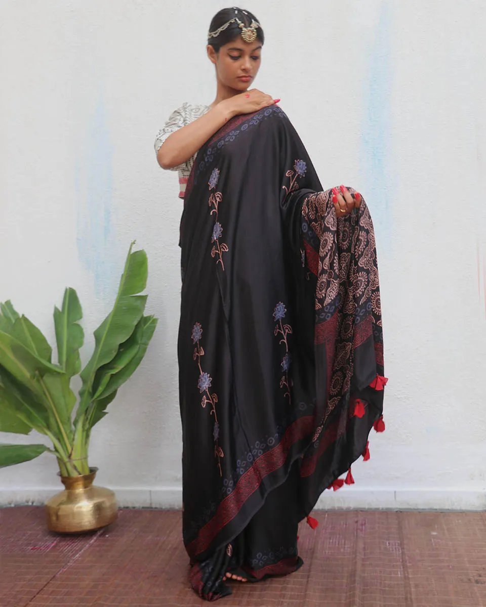 Ahima Blockprinted Modal Silk Saree - Jaisal