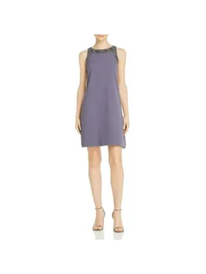 AIDAN MATTOX Womens Gray Embellished Sleeveless Crew Neck Above The Knee Evening Shift Dress