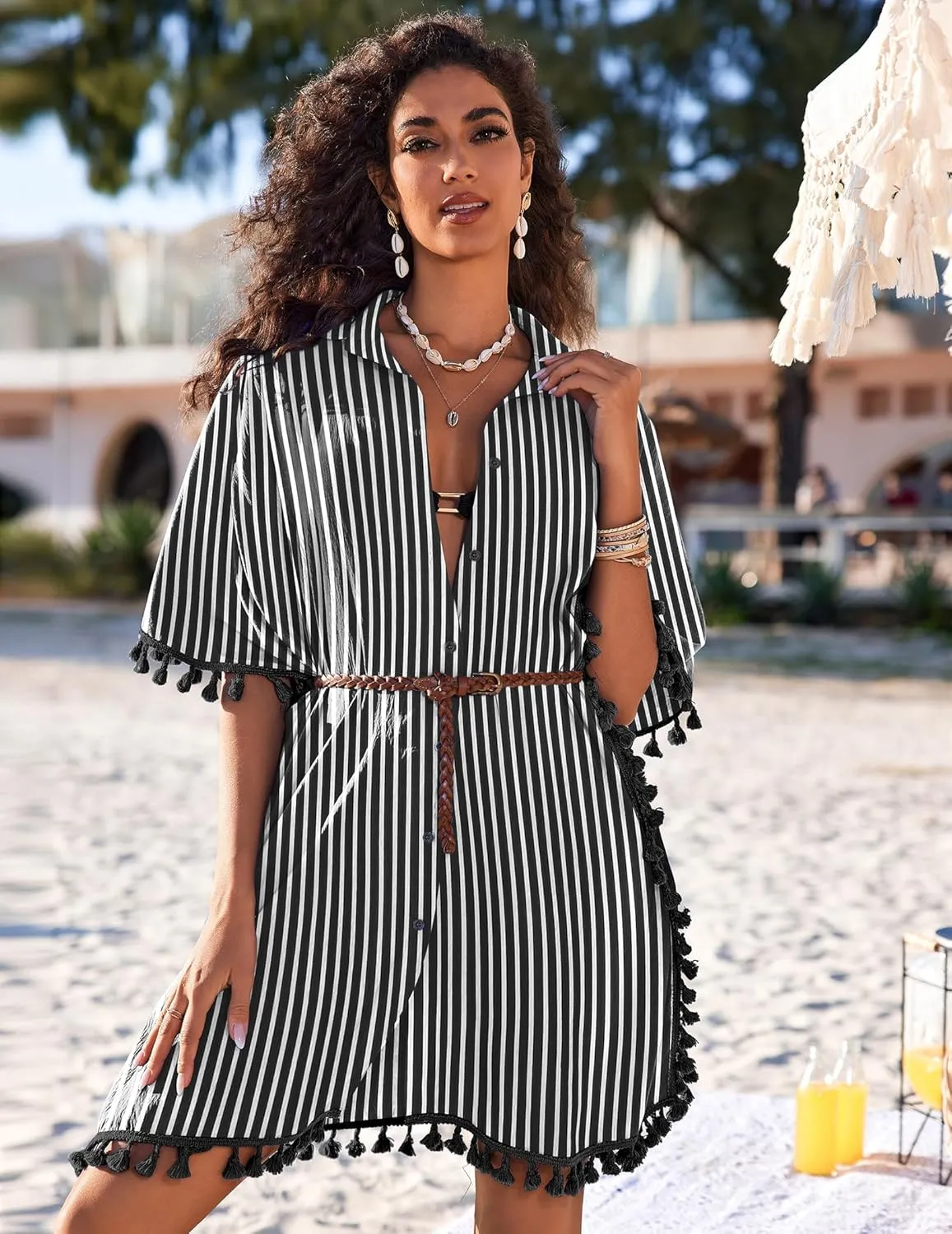 AI'MAGE Women's Swimwear Cover Ups 3/4 Sleeve Beach Coverup with Tassel Button Down Oversized Swimsuit Cover Up Shirt S-3XL