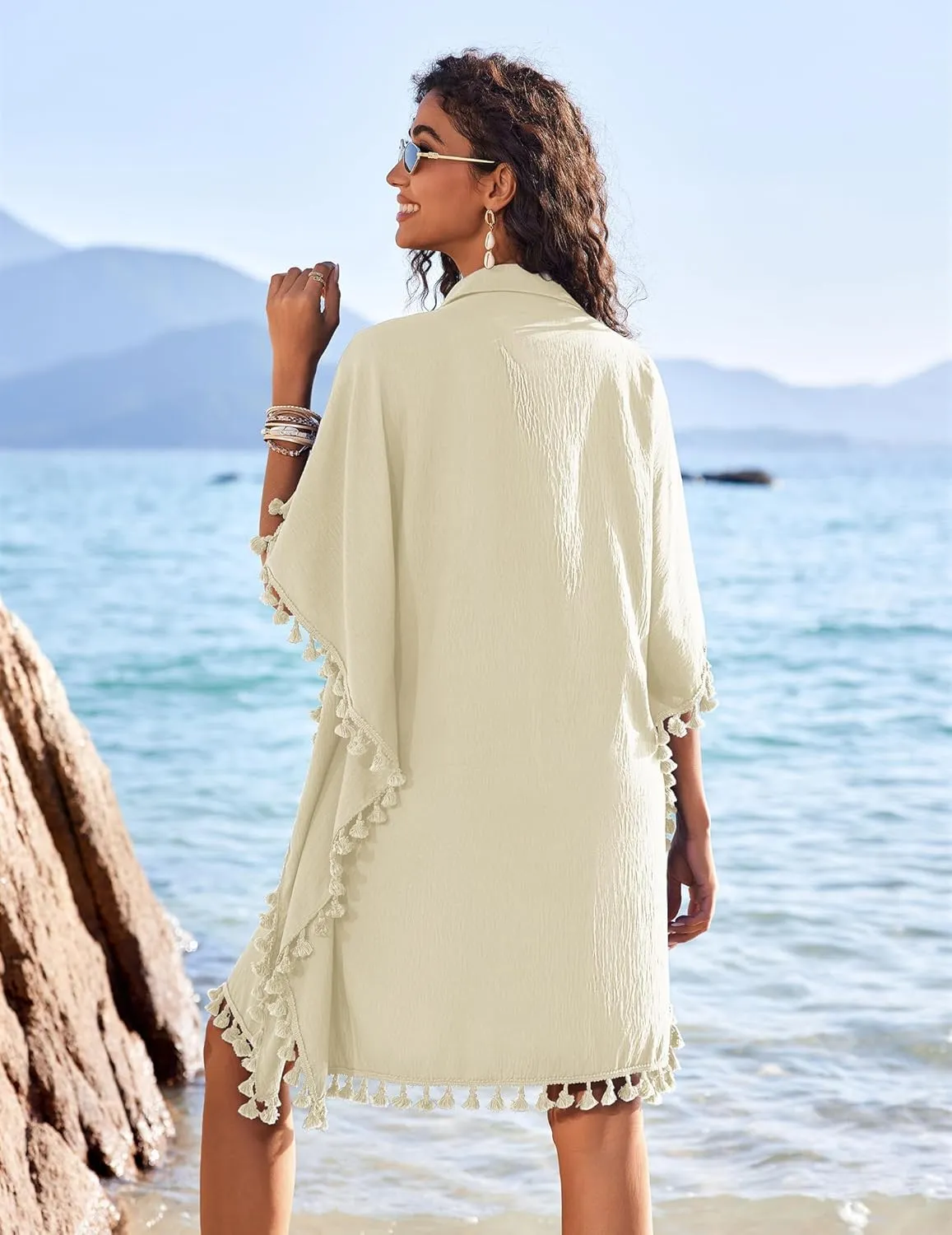 AI'MAGE Women's Swimwear Cover Ups 3/4 Sleeve Beach Coverup with Tassel Button Down Oversized Swimsuit Cover Up Shirt S-3XL