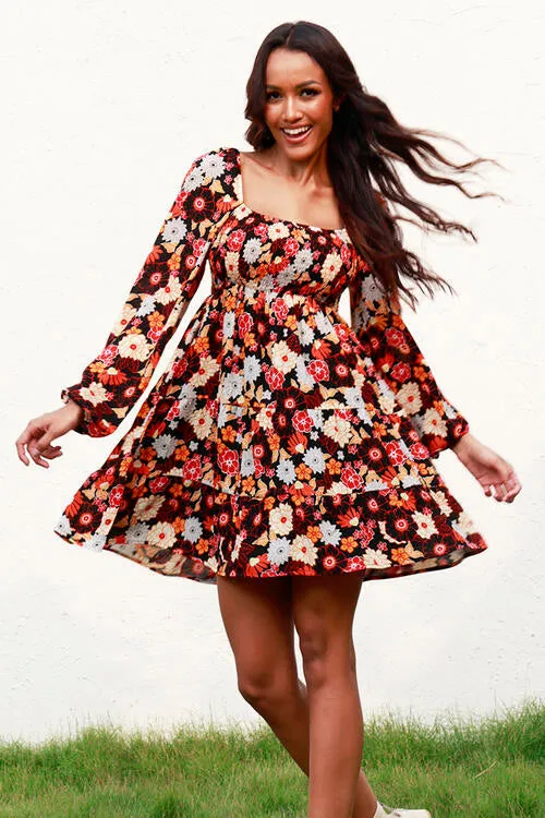 Alycia 70s Floral Smocked Vintage Floral Balloon Sleeve Tiered Summer Mini Dress | Poundton
