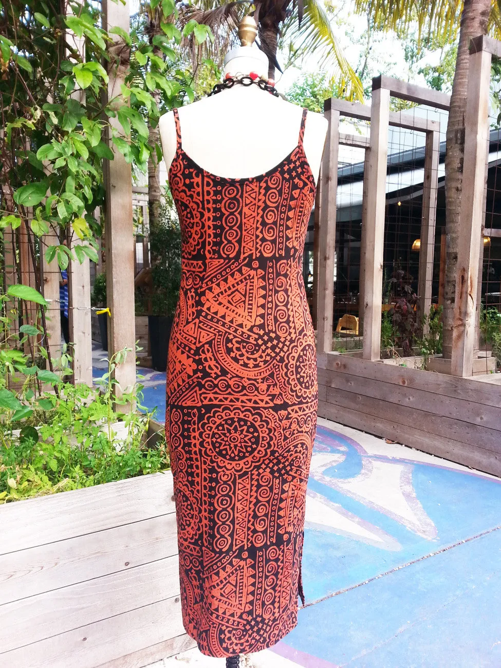 Batik Beach Dress in Indonesia Orange on Black