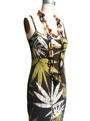 Batik Sun Dress Bamboo Print Chocolate Green Ivory