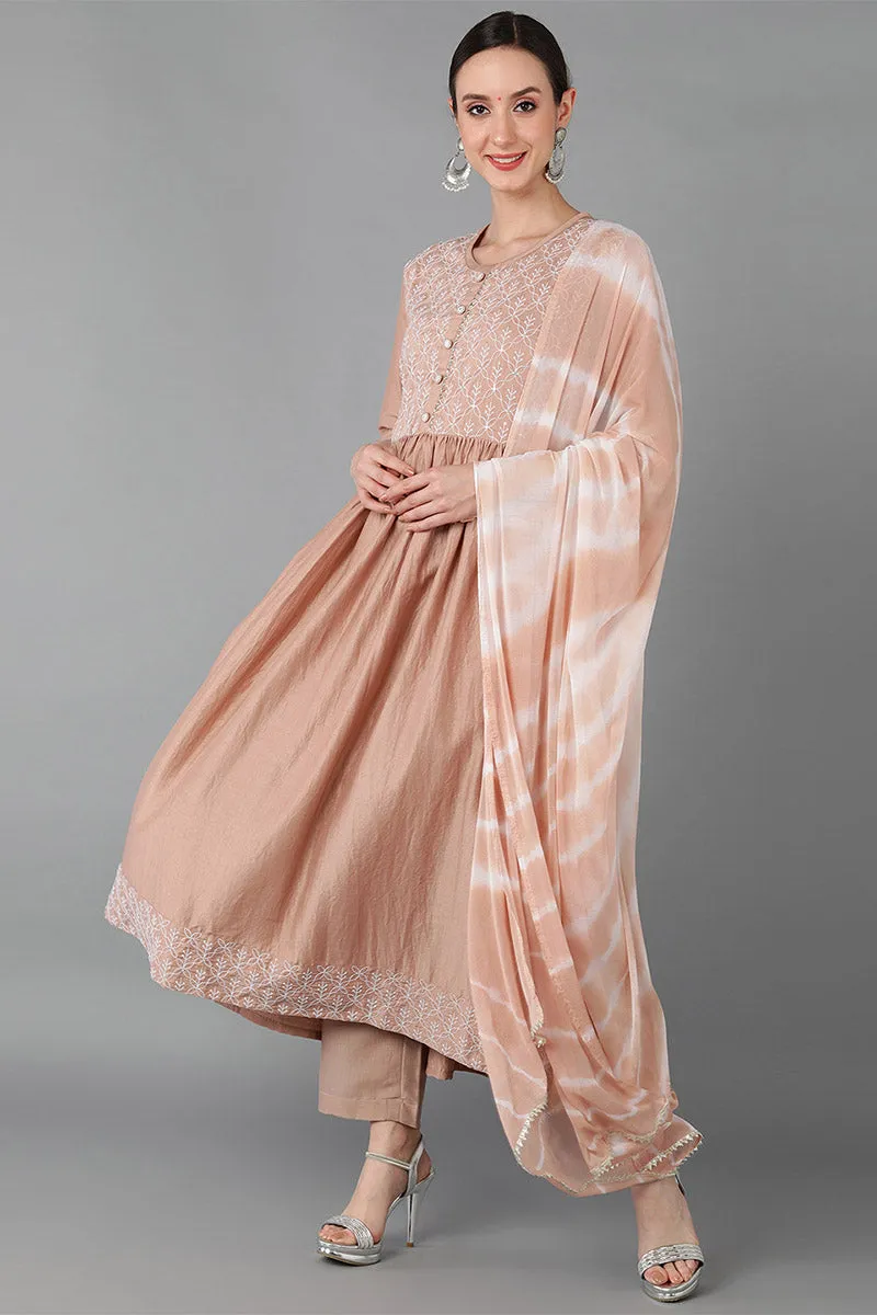 Beige Silk Blend Yoke Design Solid Suit Set