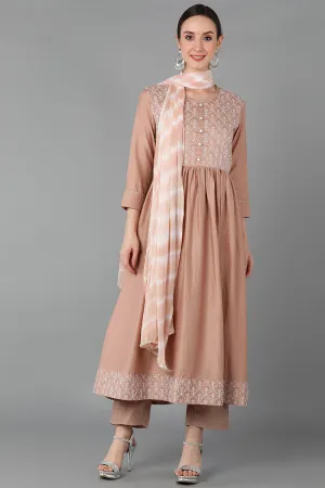 Beige Silk Blend Yoke Design Solid Suit Set
