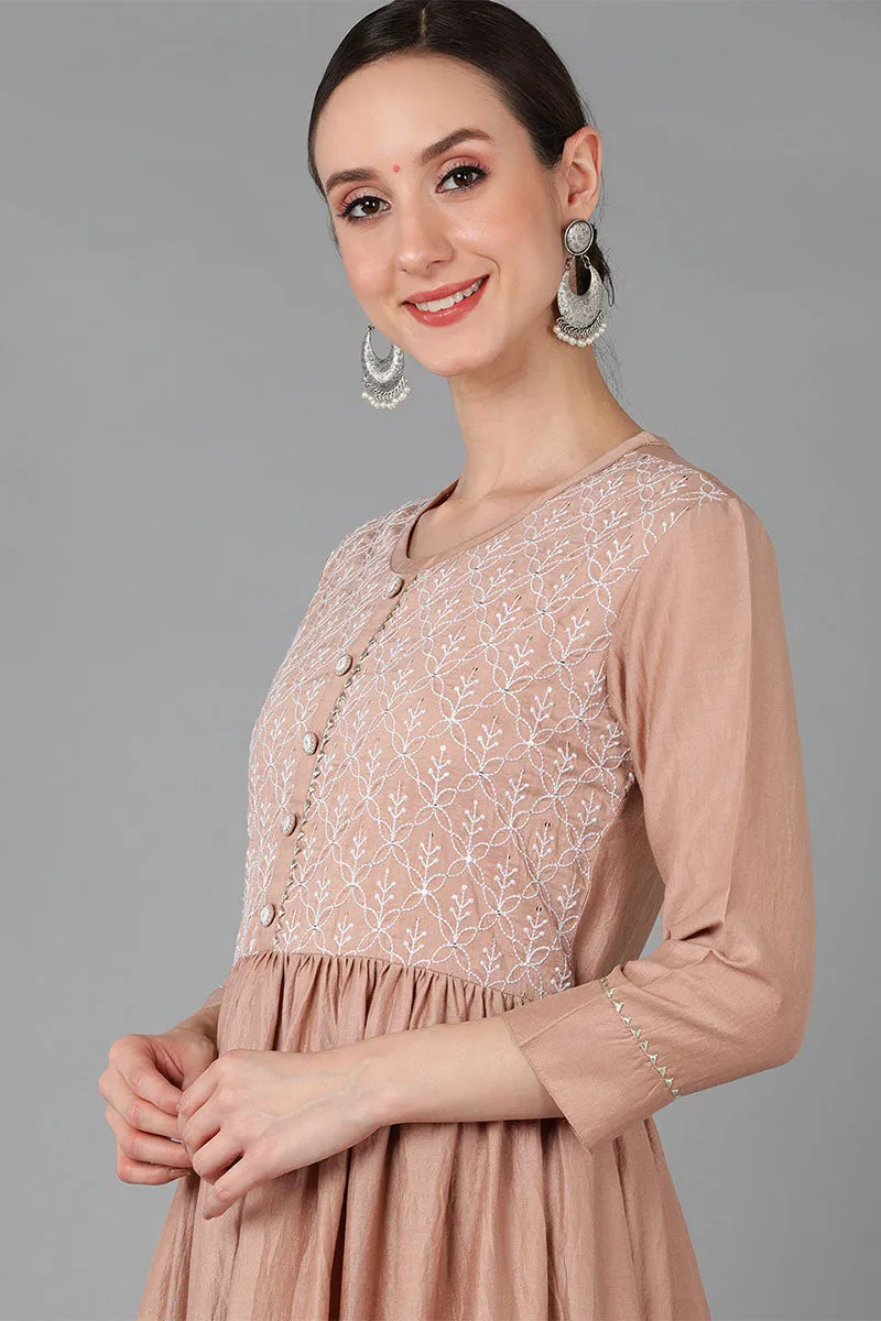 Beige Silk Blend Yoke Design Solid Suit Set