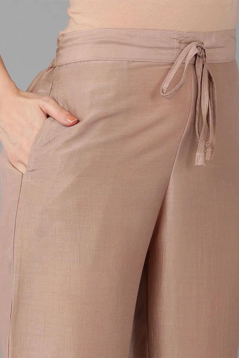 Beige Silk Blend Yoke Design Solid Suit Set