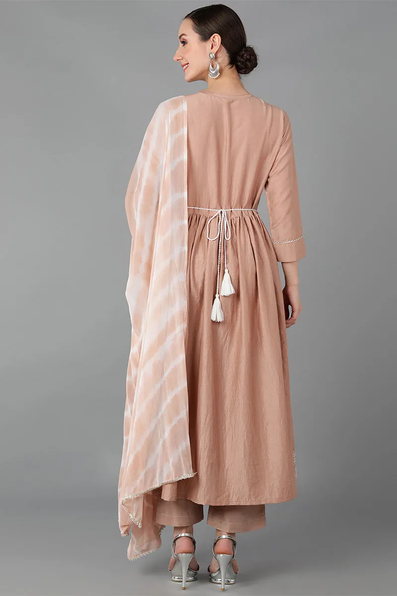 Beige Silk Blend Yoke Design Solid Suit Set