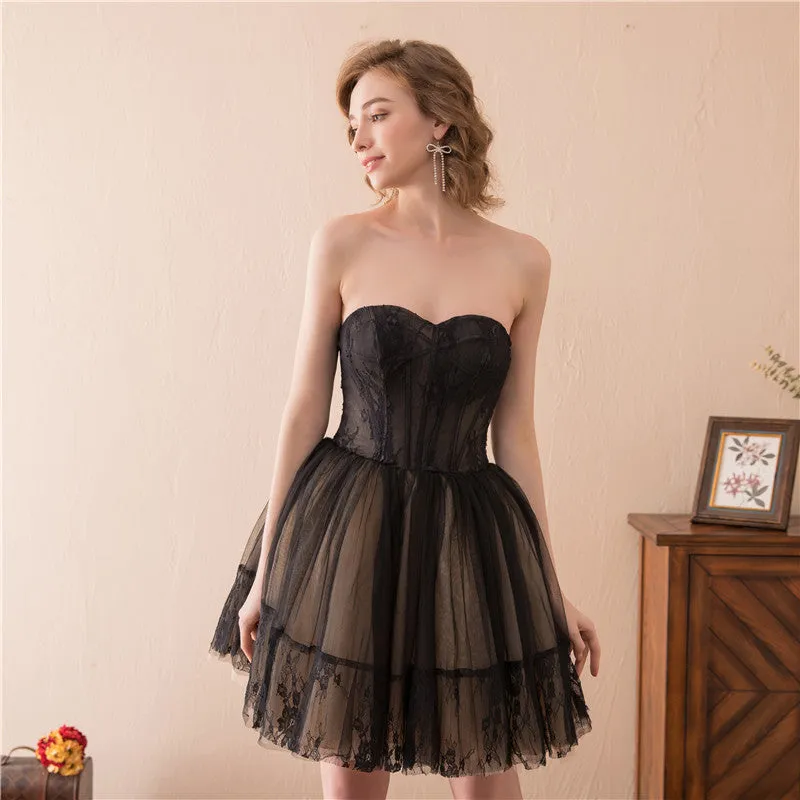 Black and Champagne Tulle Sweetheart Lace Short Party Dress Tulle Homecoming Dresses