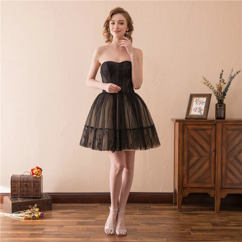 Black and Champagne Tulle Sweetheart Lace Short Party Dress Tulle Homecoming Dresses