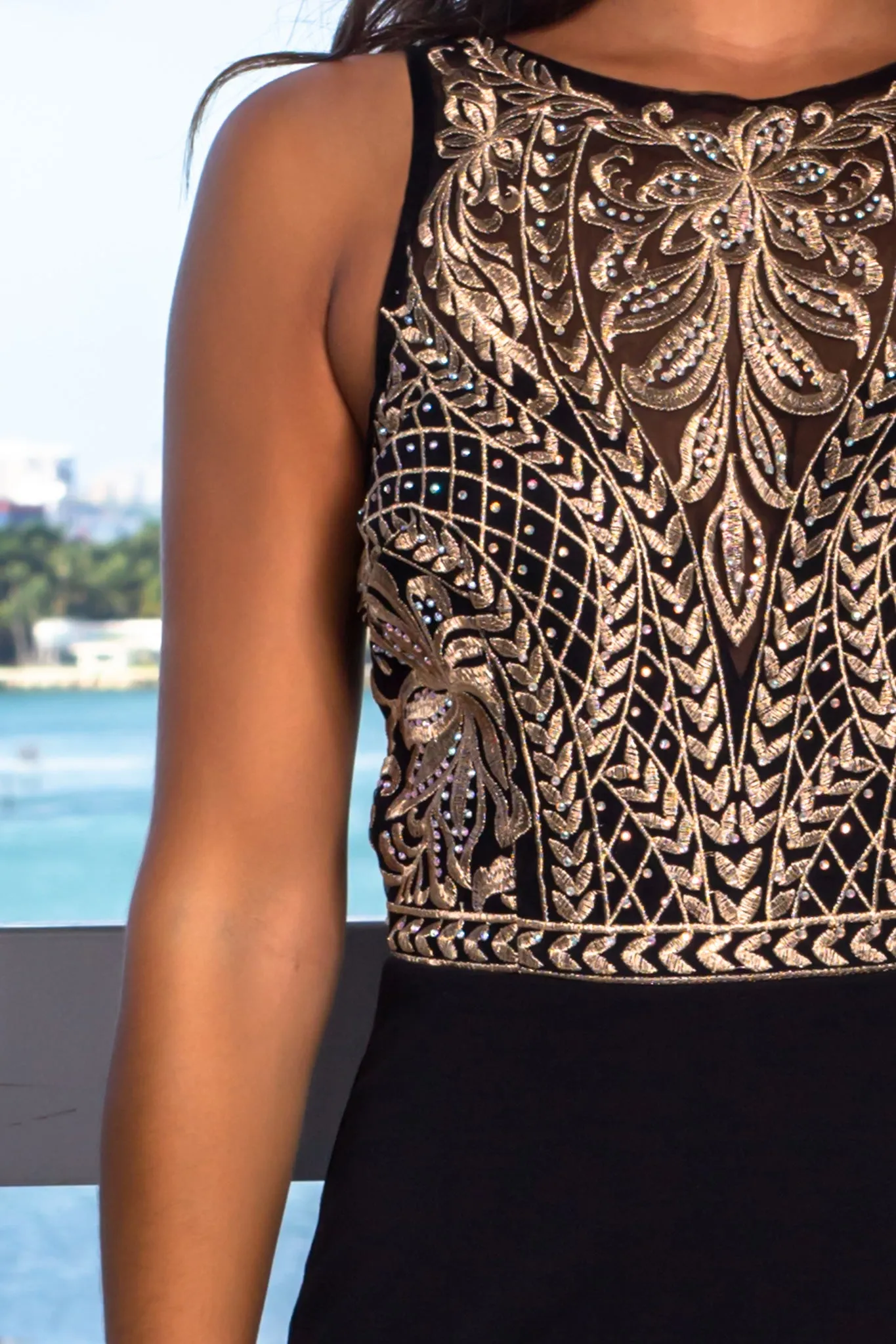 Black and Gold Top Maxi Dress with Side Slit