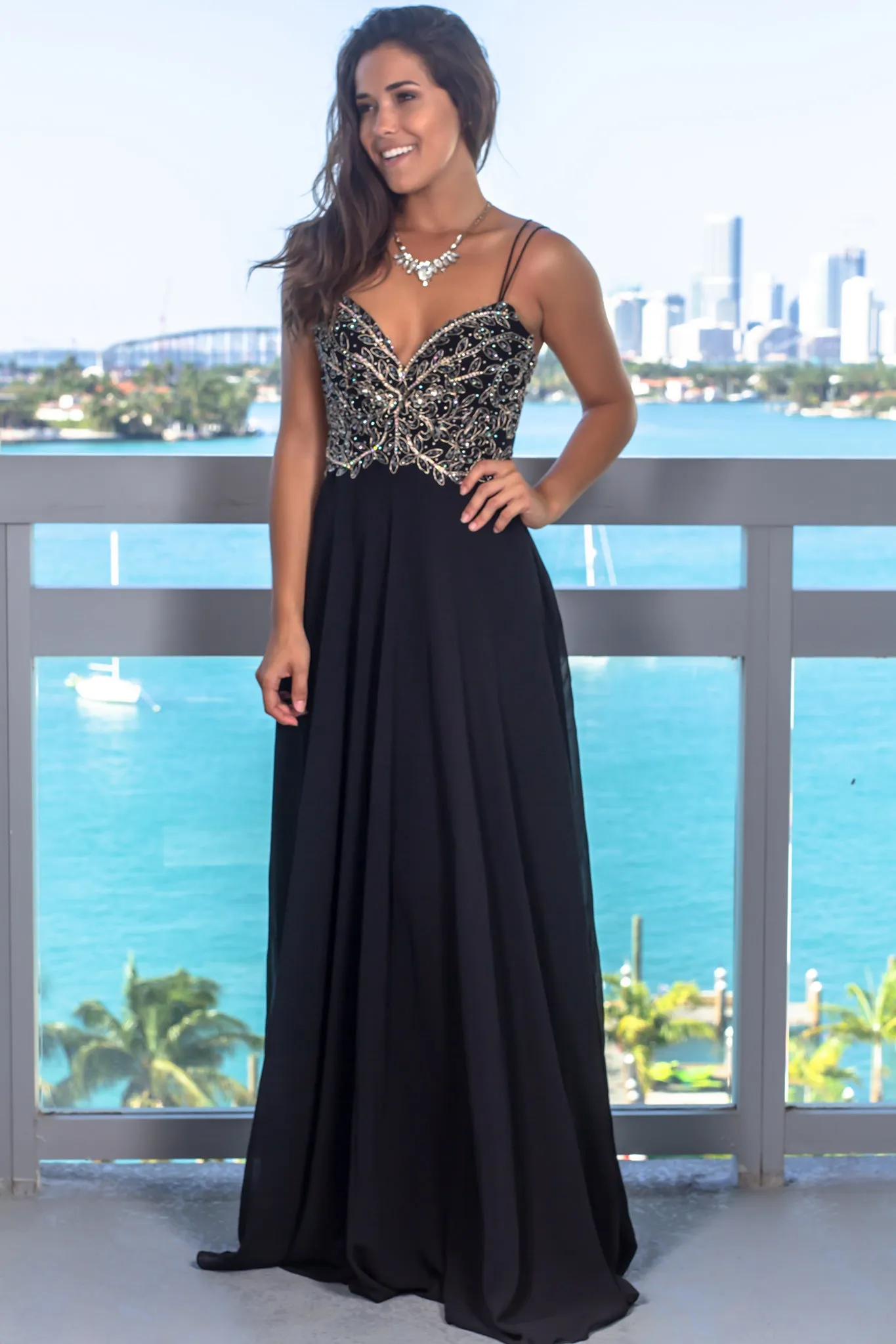 Black Maxi Dress with Gold Details