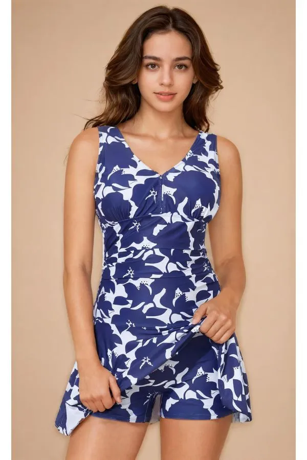 Blue & White Padded Swim Dress