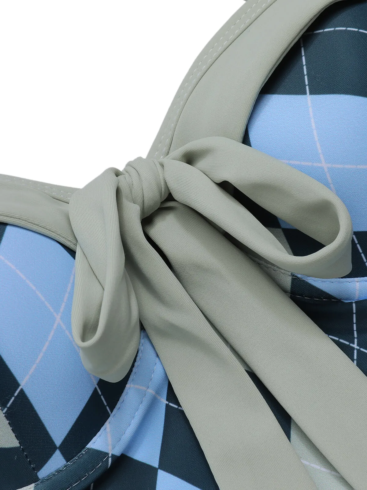 Blue Gray 1950s Argyle Halter One-Piece Swimsuit