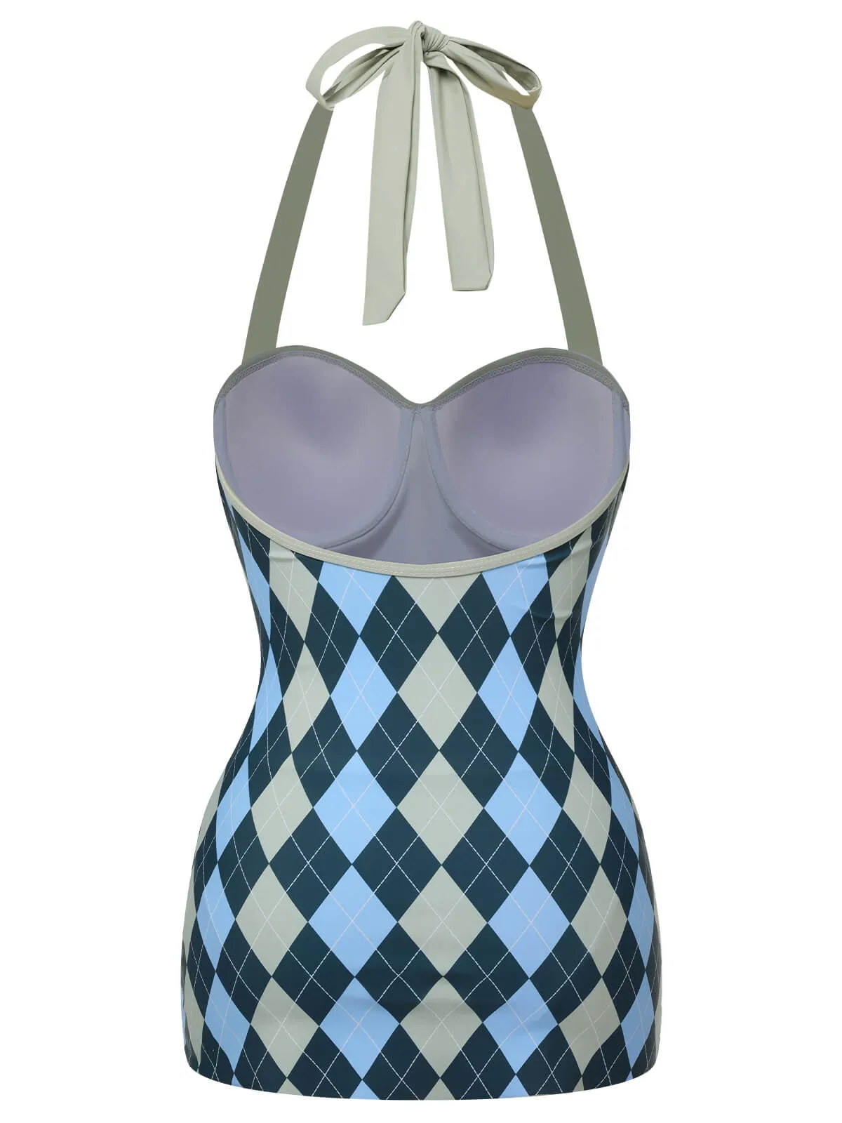 Blue Gray 1950s Argyle Halter One-Piece Swimsuit