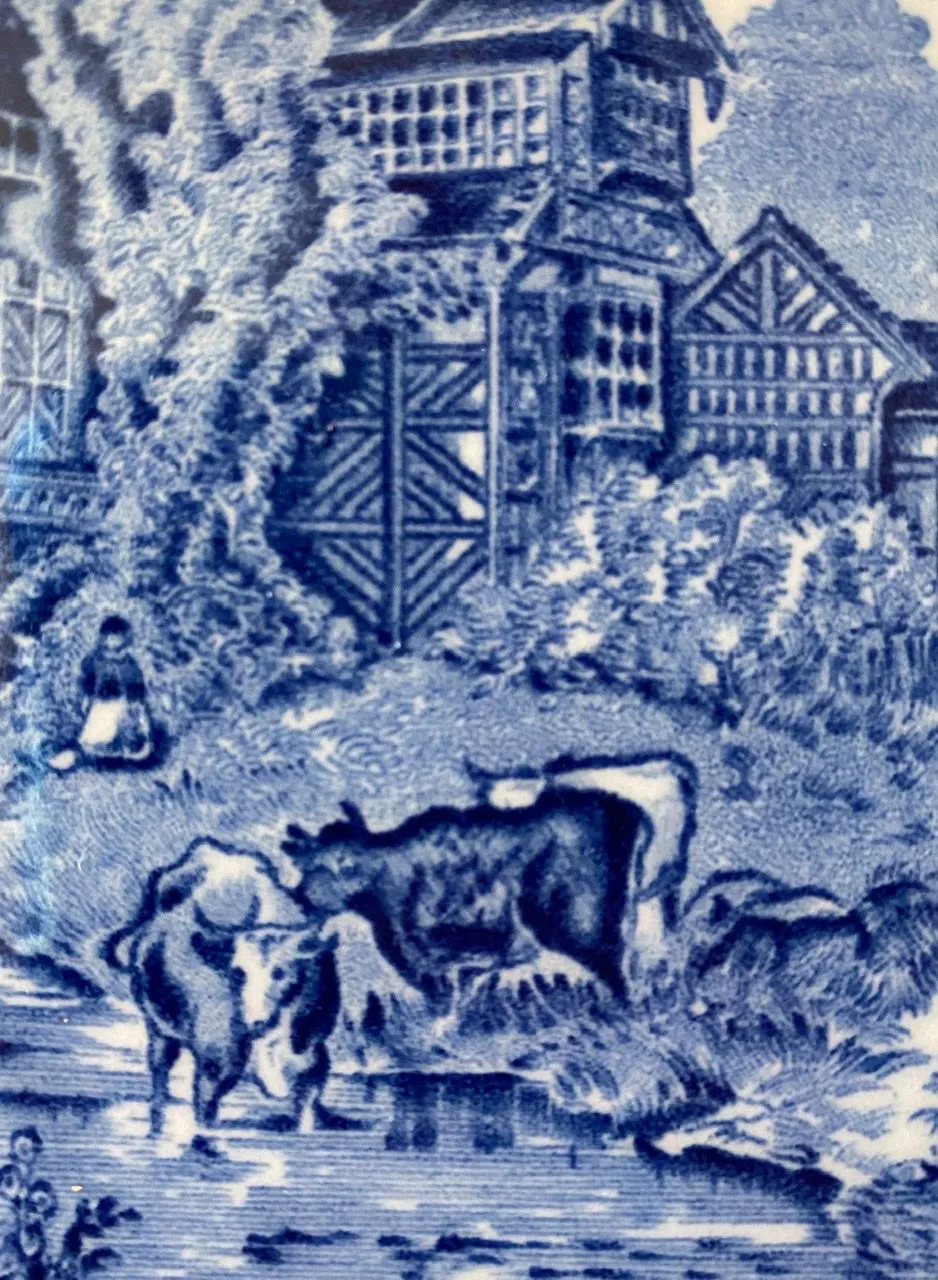 Blue Toile Transferware 11” Charger Plate Tudor Romantic England Grazing English Castle