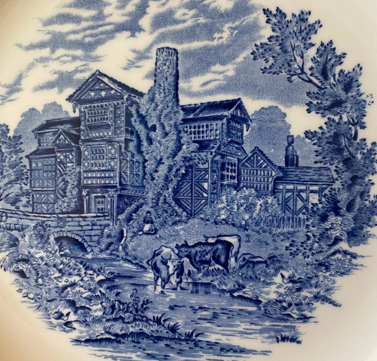 Blue Toile Transferware 11” Charger Plate Tudor Romantic England Grazing English Castle