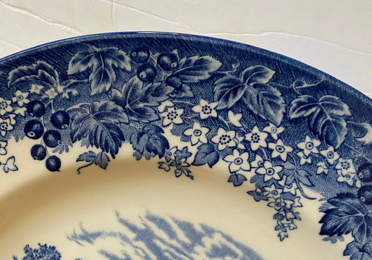 Blue Toile Transferware 11” Charger Plate Tudor Romantic England Grazing English Castle