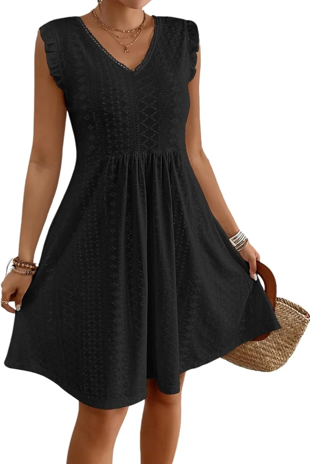 Bsubseach Womens Swimsuit Eyelet Sleeveless Coverup Bathing Suit Cover Up V Neck Swim Cover Ups 2025 Summer Beach Tank Dress