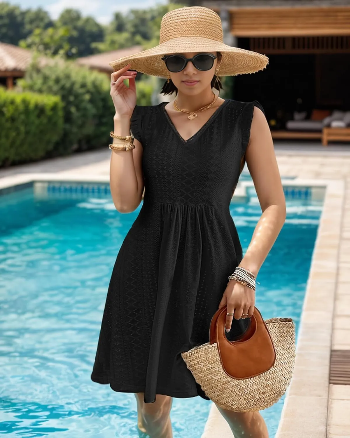 Bsubseach Womens Swimsuit Eyelet Sleeveless Coverup Bathing Suit Cover Up V Neck Swim Cover Ups 2025 Summer Beach Tank Dress
