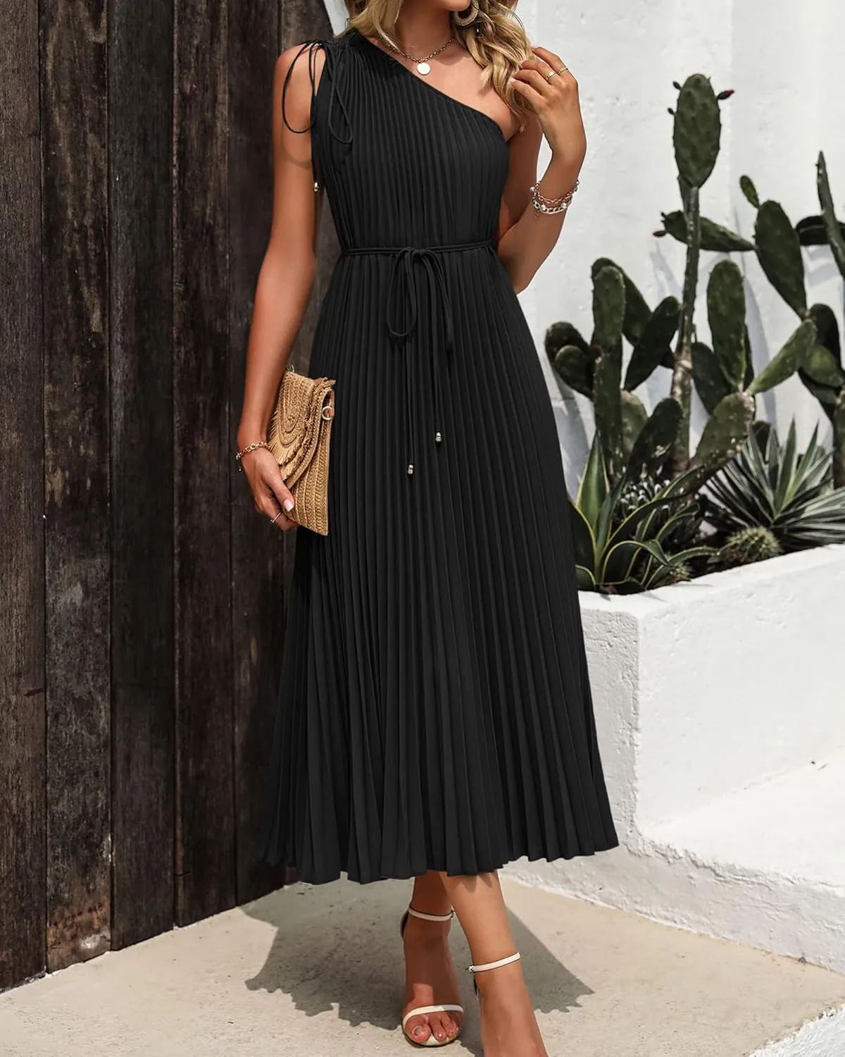 BTFBM Women's Drawstring One Shoulder Maxi Dresses Summer Sleeveless Tie Waist Pleated Long Flowy Party Cocktail Dress