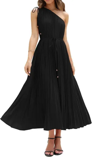 BTFBM Women's Drawstring One Shoulder Maxi Dresses Summer Sleeveless Tie Waist Pleated Long Flowy Party Cocktail Dress