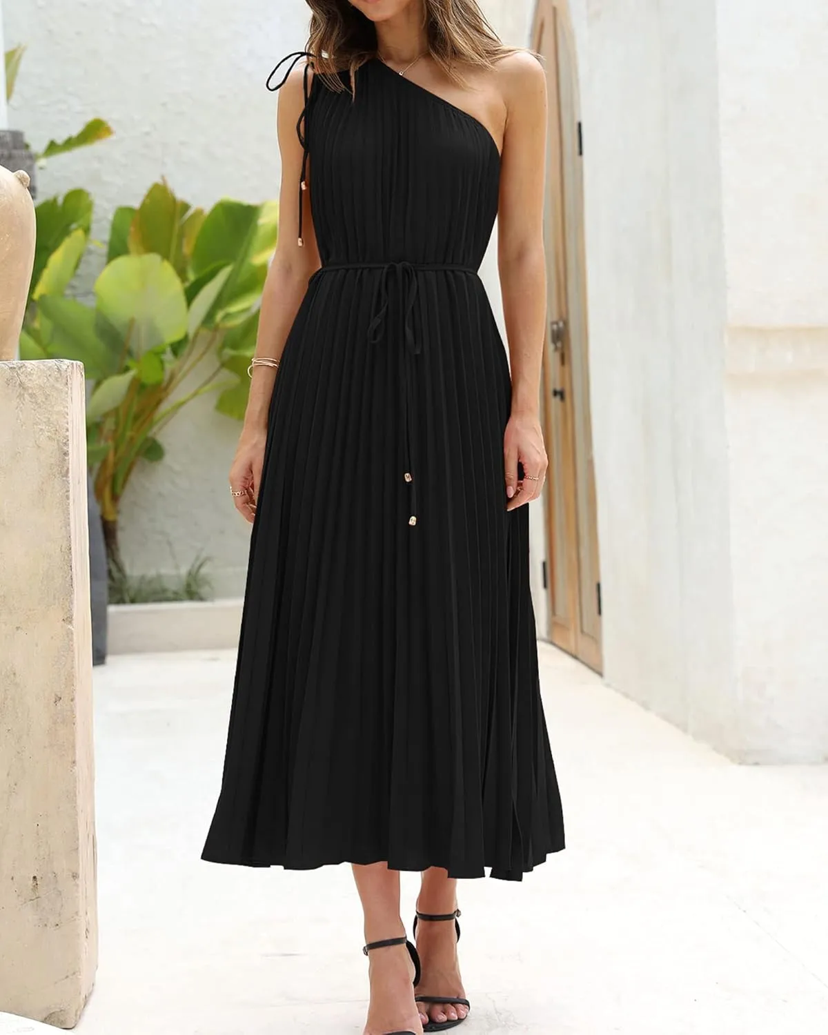 BTFBM Women's Drawstring One Shoulder Maxi Dresses Summer Sleeveless Tie Waist Pleated Long Flowy Party Cocktail Dress