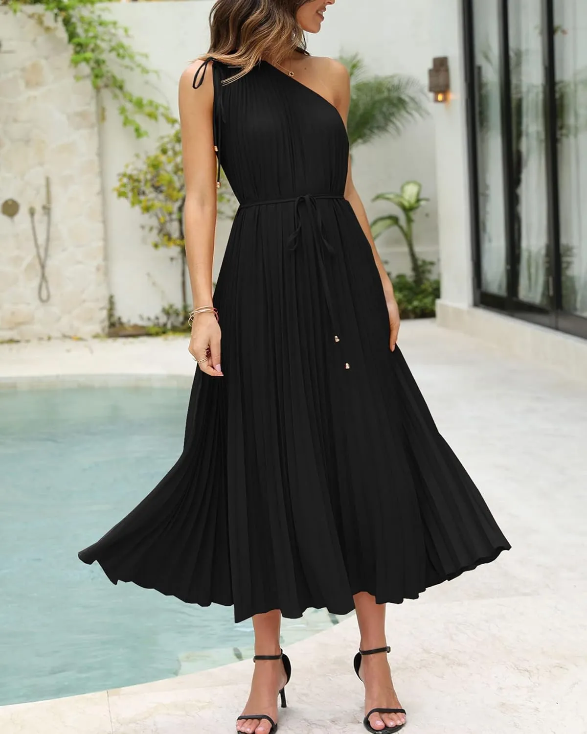 BTFBM Women's Drawstring One Shoulder Maxi Dresses Summer Sleeveless Tie Waist Pleated Long Flowy Party Cocktail Dress