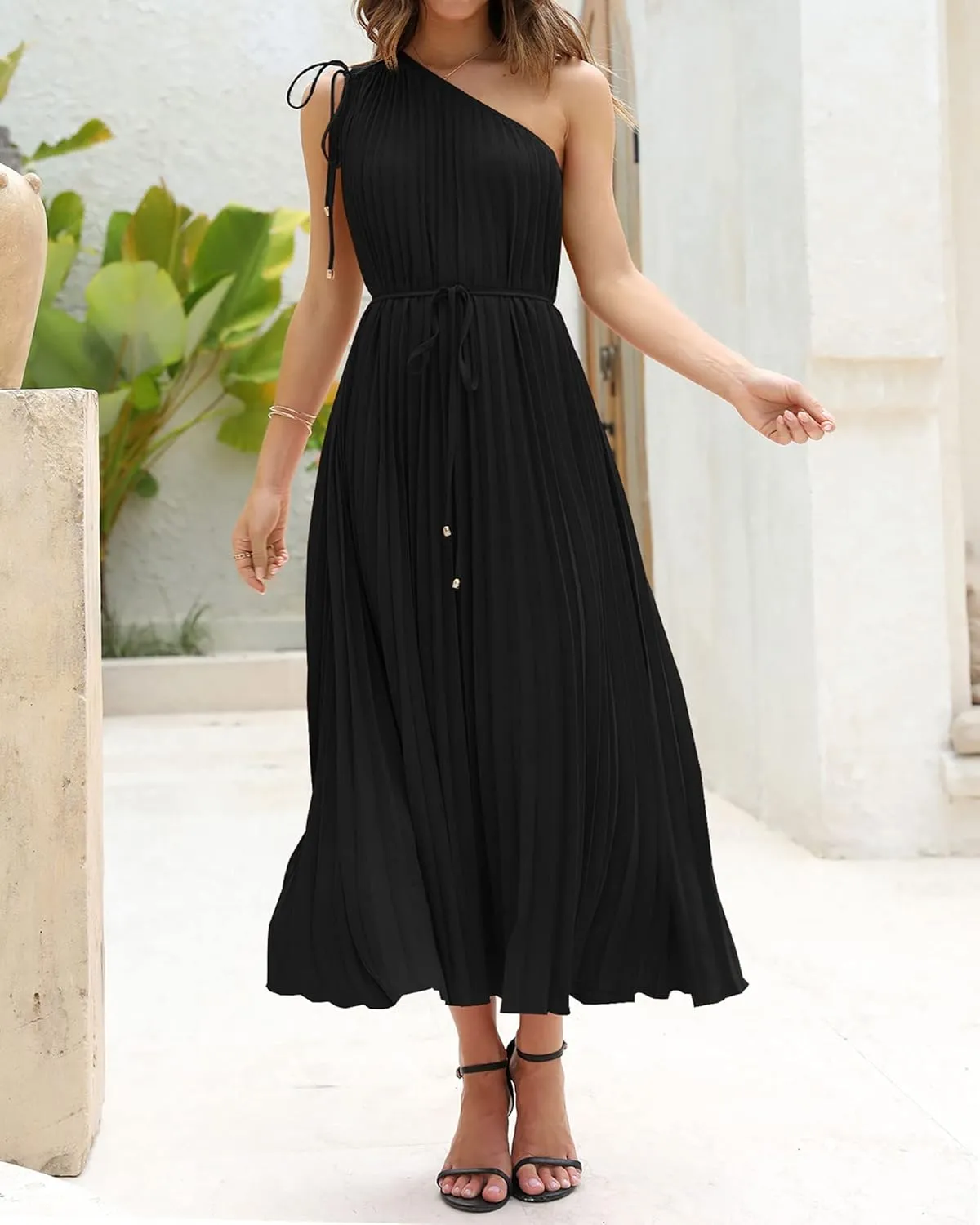 BTFBM Women's Drawstring One Shoulder Maxi Dresses Summer Sleeveless Tie Waist Pleated Long Flowy Party Cocktail Dress