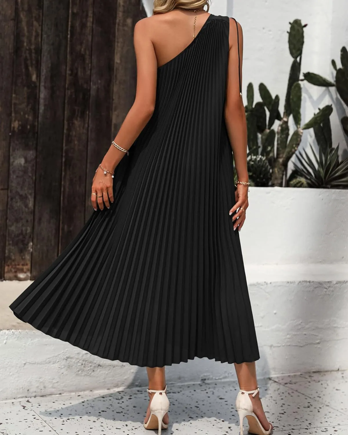 BTFBM Women's Drawstring One Shoulder Maxi Dresses Summer Sleeveless Tie Waist Pleated Long Flowy Party Cocktail Dress