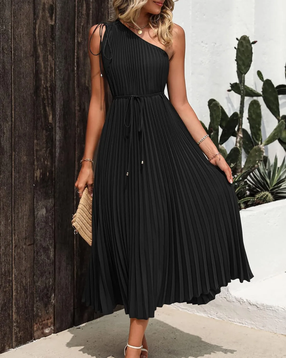 BTFBM Women's Drawstring One Shoulder Maxi Dresses Summer Sleeveless Tie Waist Pleated Long Flowy Party Cocktail Dress