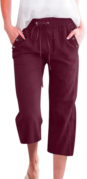 Capris Pants for Women Linen Casual Summer 2025 Drawstring Elastic Waist Comfy Cropped Trousers with Pockets