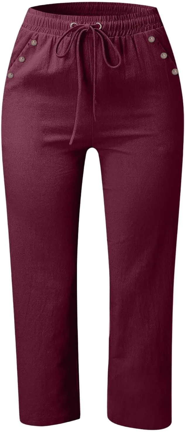 Capris Pants for Women Linen Casual Summer 2025 Drawstring Elastic Waist Comfy Cropped Trousers with Pockets