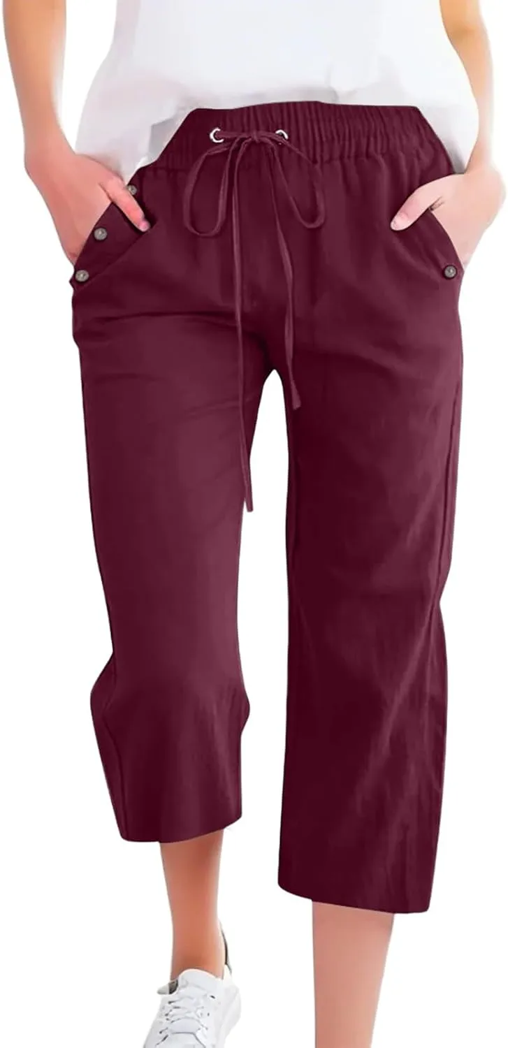 Capris Pants for Women Linen Casual Summer 2025 Drawstring Elastic Waist Comfy Cropped Trousers with Pockets