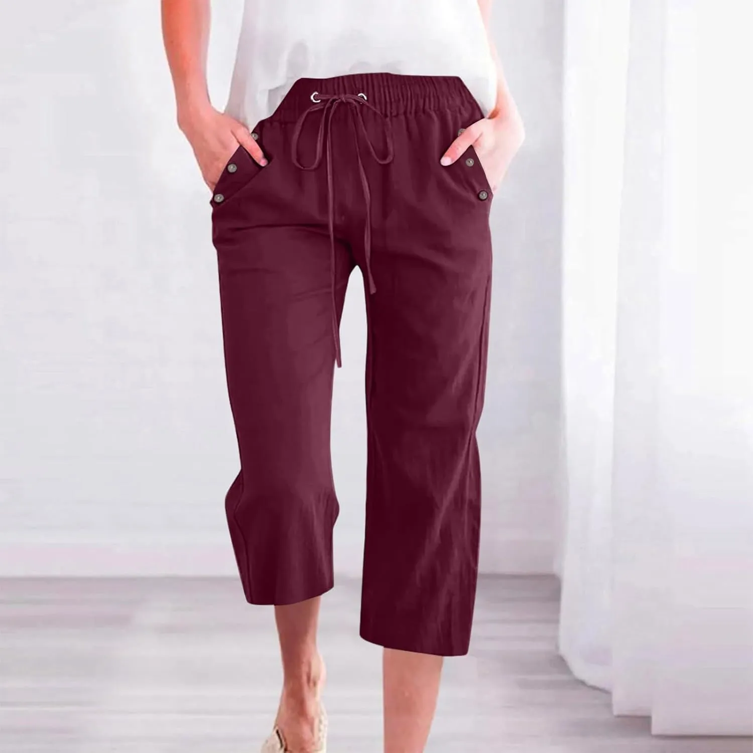 Capris Pants for Women Linen Casual Summer 2025 Drawstring Elastic Waist Comfy Cropped Trousers with Pockets