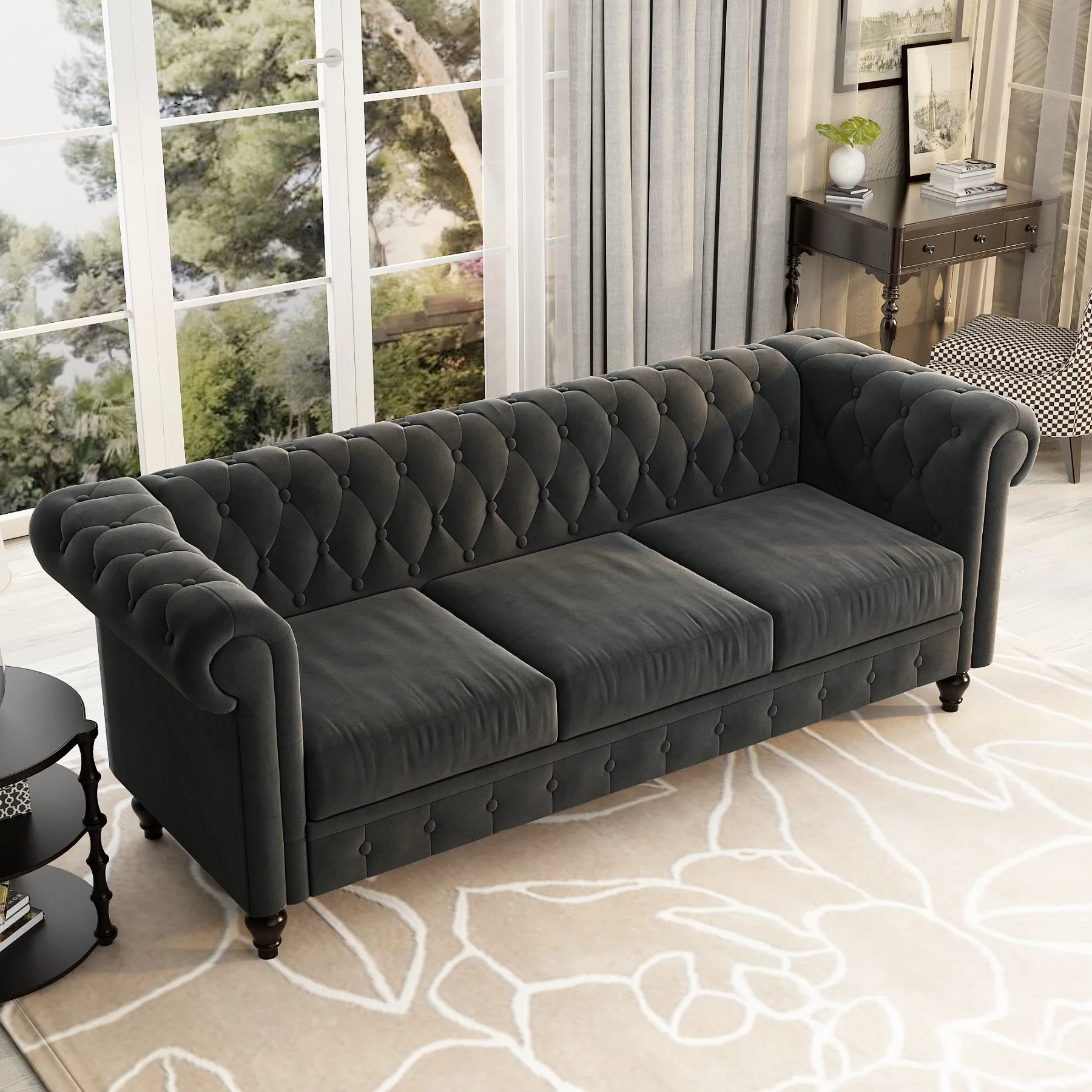 Chesterfield Design Velvet Rolled Arm Couch in Charcoal Gray
