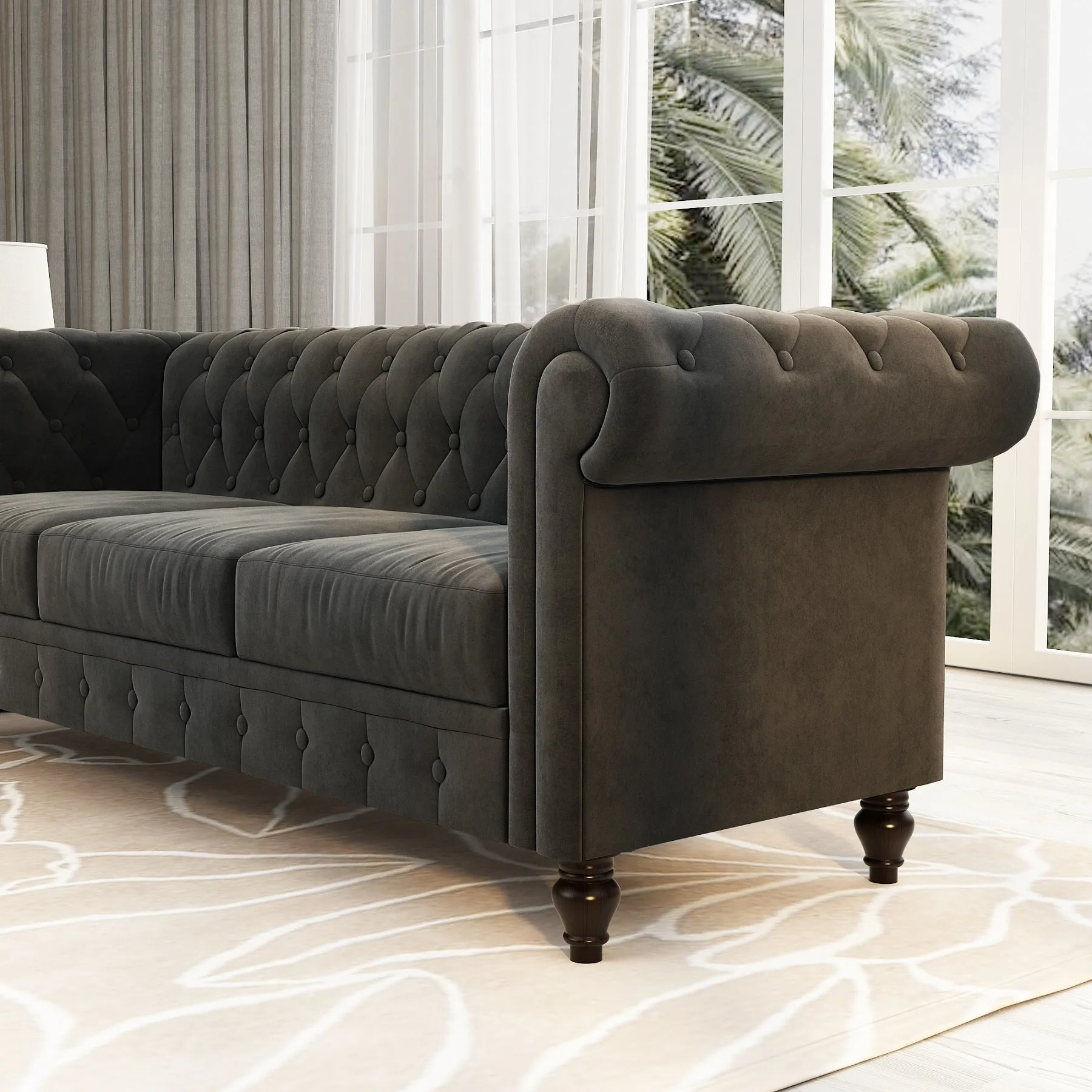 Chesterfield Design Velvet Rolled Arm Couch in Charcoal Gray