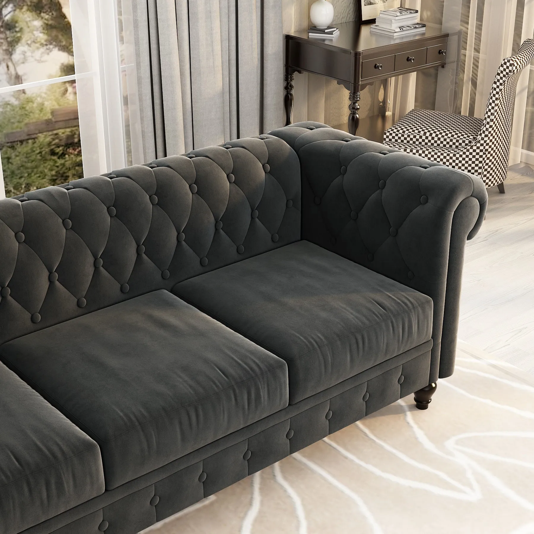 Chesterfield Design Velvet Rolled Arm Couch in Charcoal Gray