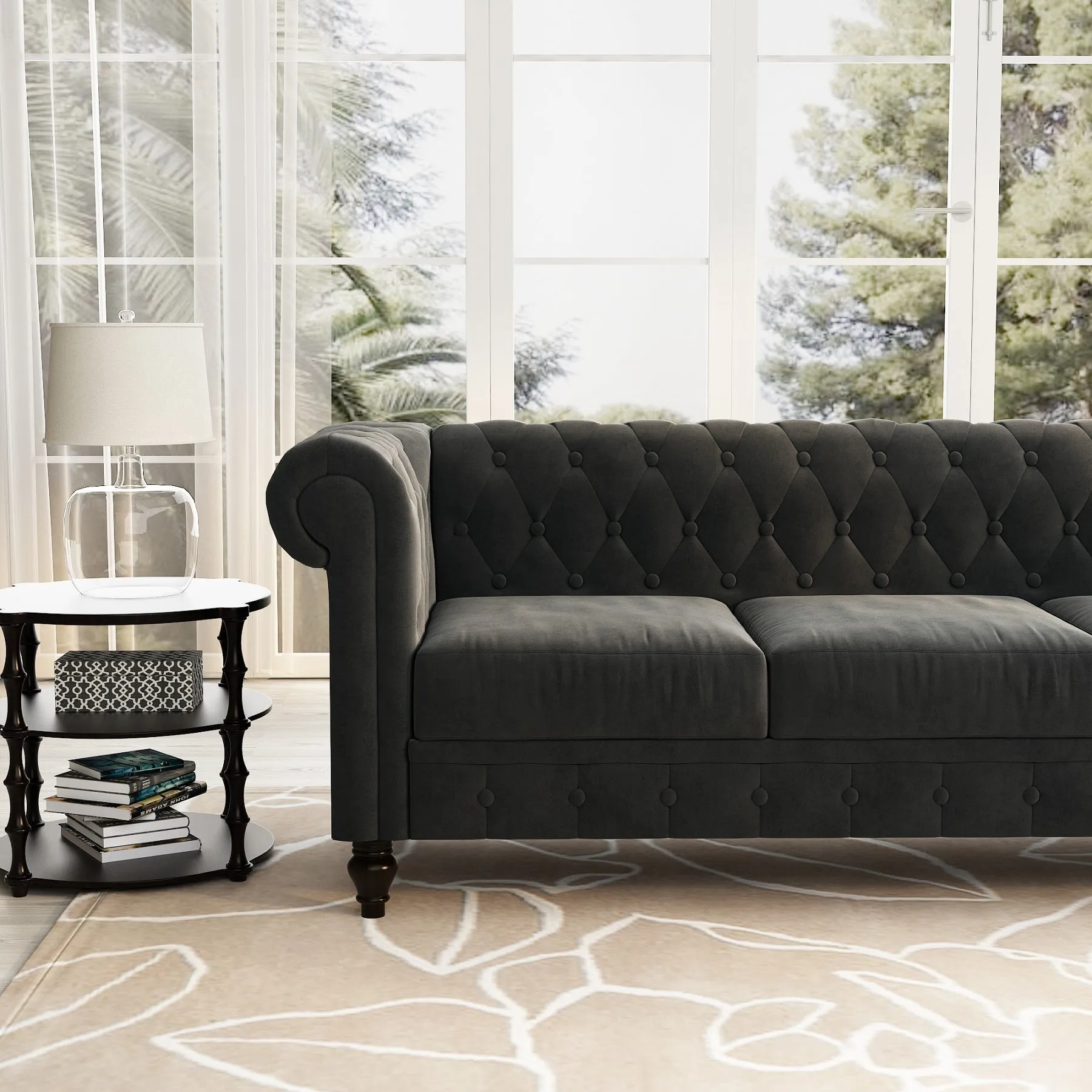 Chesterfield Design Velvet Rolled Arm Couch in Charcoal Gray