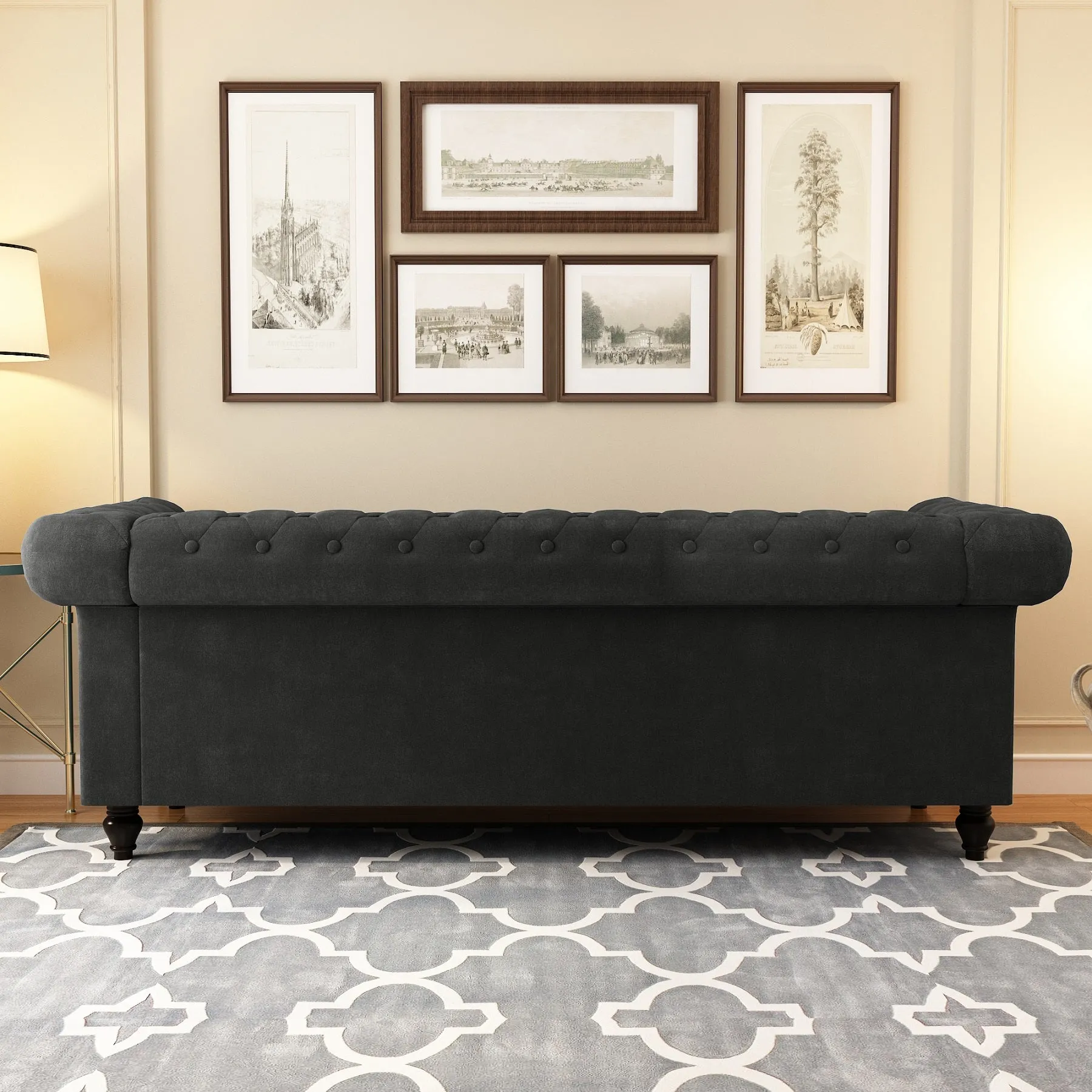 Chesterfield Design Velvet Rolled Arm Couch in Charcoal Gray